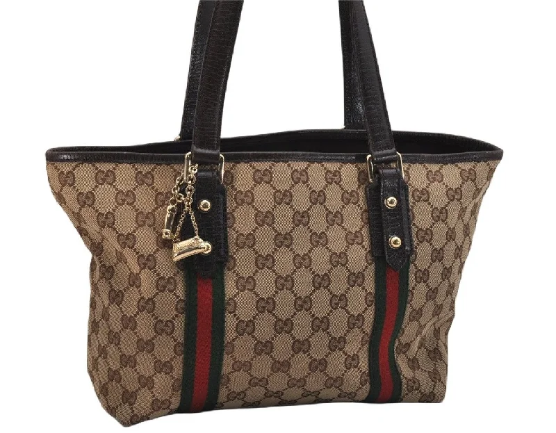 Women Gucci bags with a detachable mobile phone holderAuthentic GUCCI Web Sherry Line Tote Bag GG Canvas Leather 137396 Brown 1081K