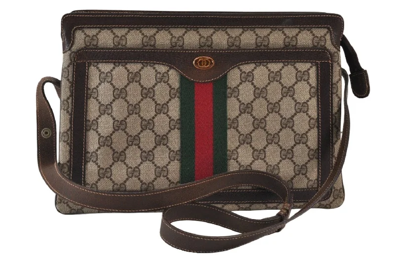 Women Gucci crossbody bags with a woven leather strapAuthentic GUCCI Web Sherry Line Shoulder Bag GG PVC Leather Brown Junk 1132K