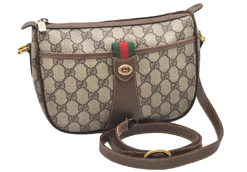 Gucci handbags for women with a back - zip pocketAuthentic GUCCI Web Sherry Line Shoulder Bag GG PVC Leather Brown Junk 4640K