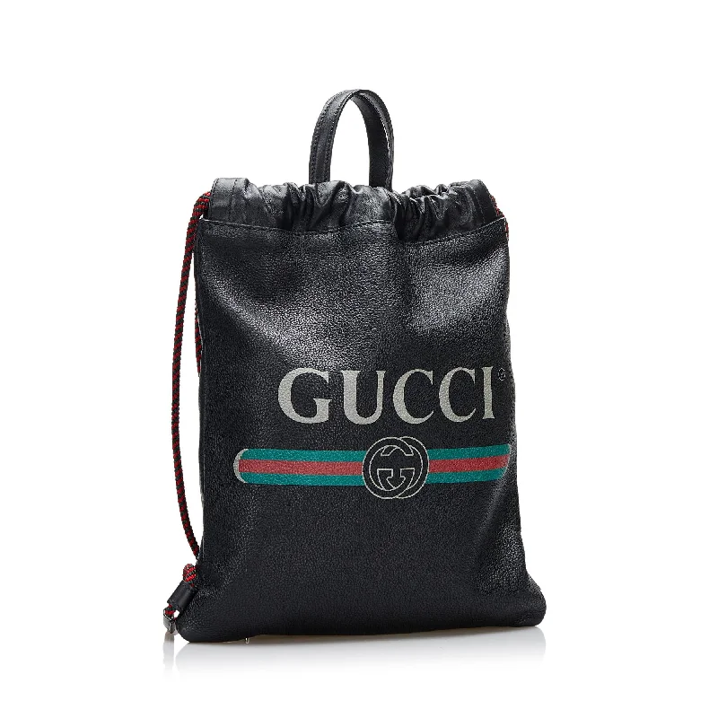 Women Gucci bags with a detachable mirror insideGucci Logo Drawstring Leather Backpack (SHG-f1YPPC)