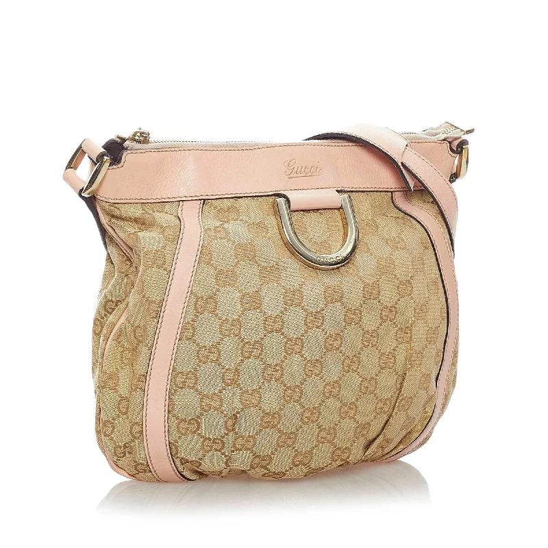 Women Gucci bags with a chain - link trim and a leather bodyGucci GG Canvas Abbey D-Ring Crossbody Bag (32404)