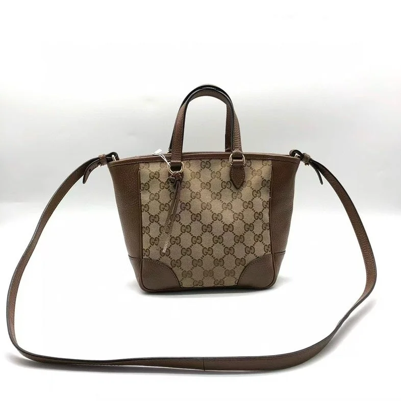 Gucci tote bags for women with a printed Gucci logoGucci Two-Way Brown Leather Canvas Bag