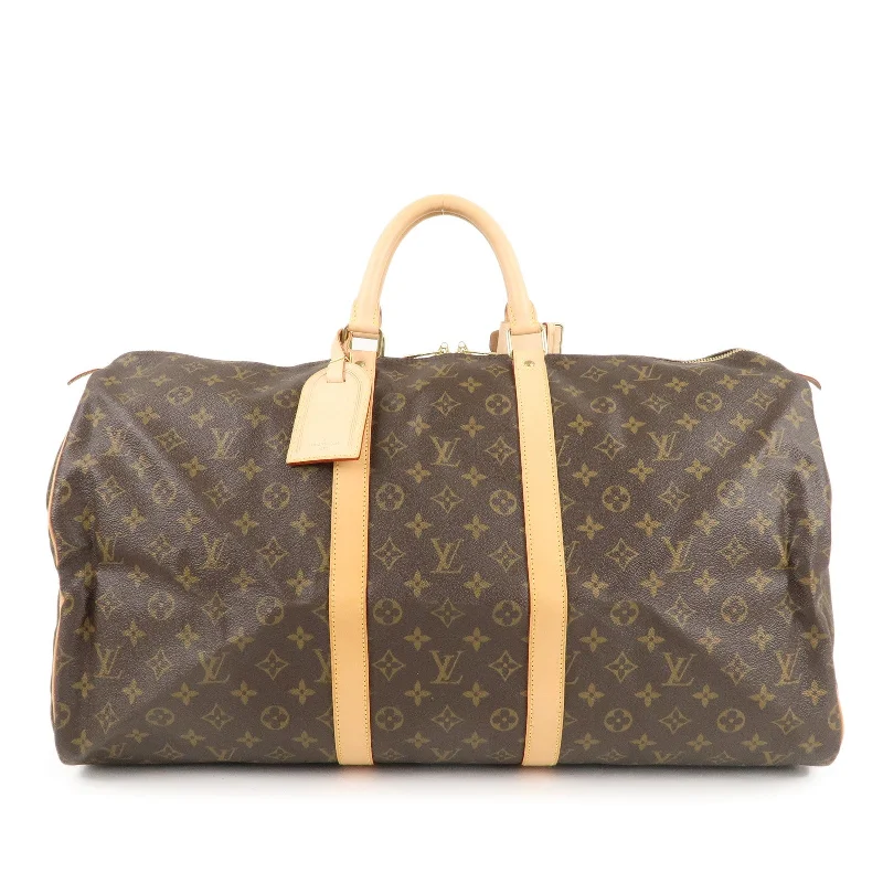 Louis Vuitton bags with a chain - link trim and a leather body for a modern edgeLouis Vuitton Monogram Keep All 55 Boston Bag Brown M41424