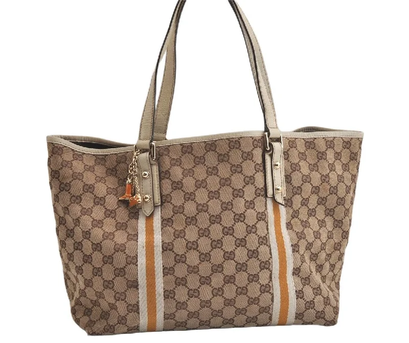 Women Gucci bags with a chain - link trim and a leather bodyAuthentic GUCCI Sherry Line Tote Bag GG Canvas Leather 139260 Brown 4620K