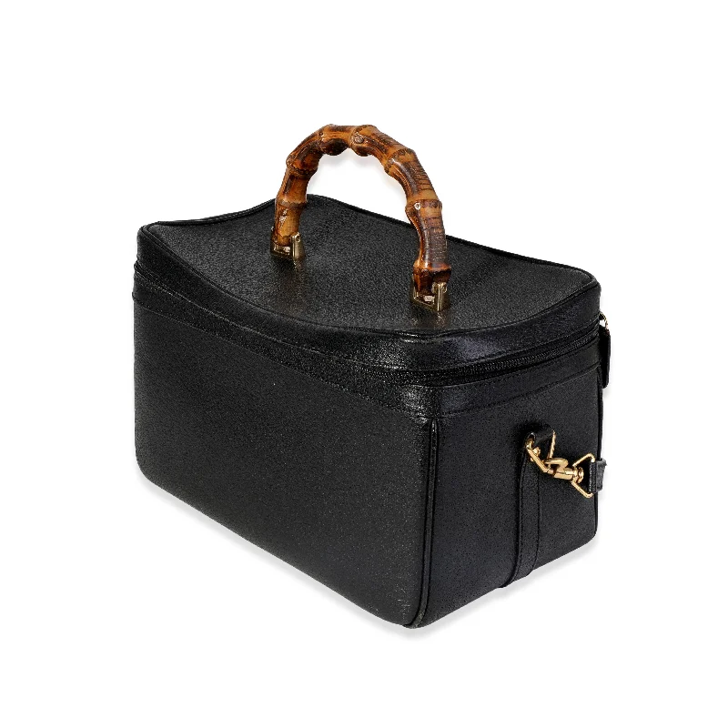 Women Gucci Sylvie bags with a monogram - embossed leatherGucci Vintage Black Textured Leather Bamboo Handle Vanity Bag