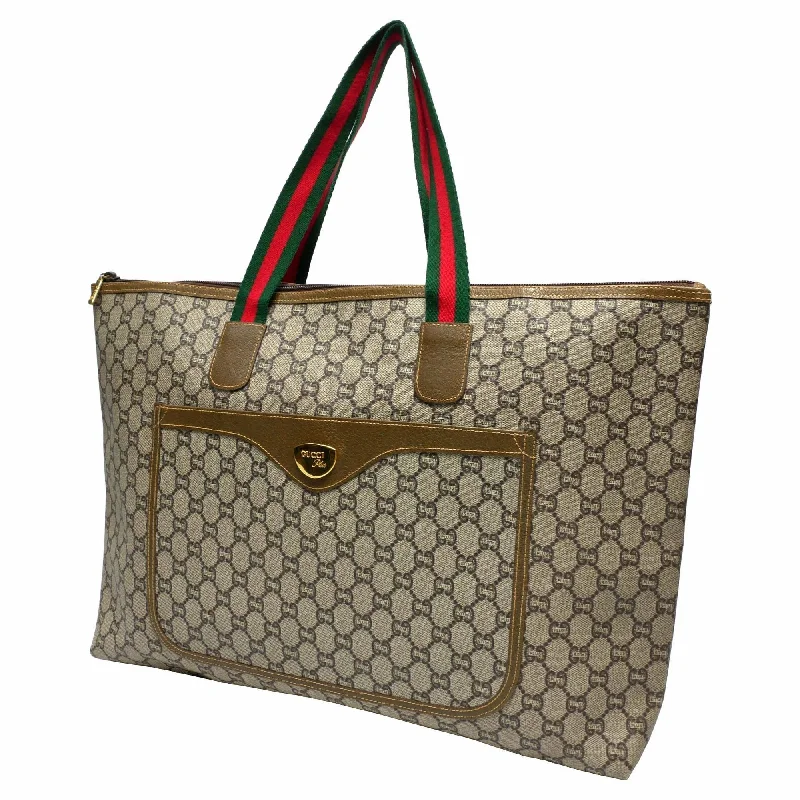 Women Gucci bags with a front - flap pocket for quick - access itemsGUCCI Old GucciPLUS Plus Tote Bag Travel Boston Unisex 1970s 70'S GG Pattern Sherry Line/Pigskin Gold Hardware Brown/Beige