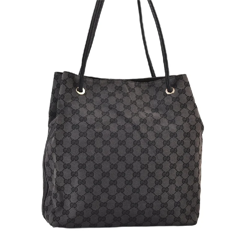 Women Gucci bags with a chain - link trim and a leather bodyAuthentic GUCCI Vintage Shoulder Tote Bag GG Canvas Leather 257275 Black 1085K