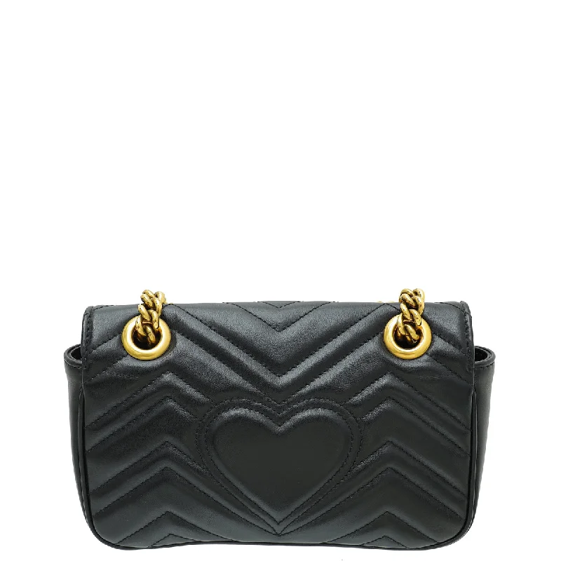 Women Gucci bags with a front - flap pocket for quick - access itemsGucci Black GG Marmont Matelasse Mini Shoulder Bag