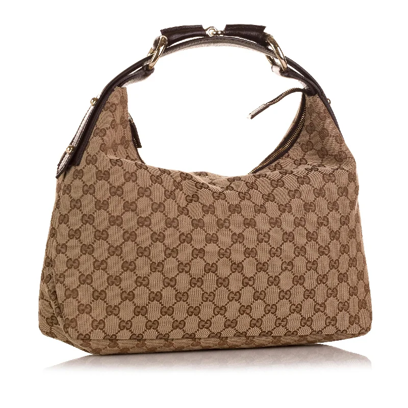 Gucci tote bags for women with a double - handle designGucci GG Canvas Horsebit Hobo (SHG-i65Xy9)