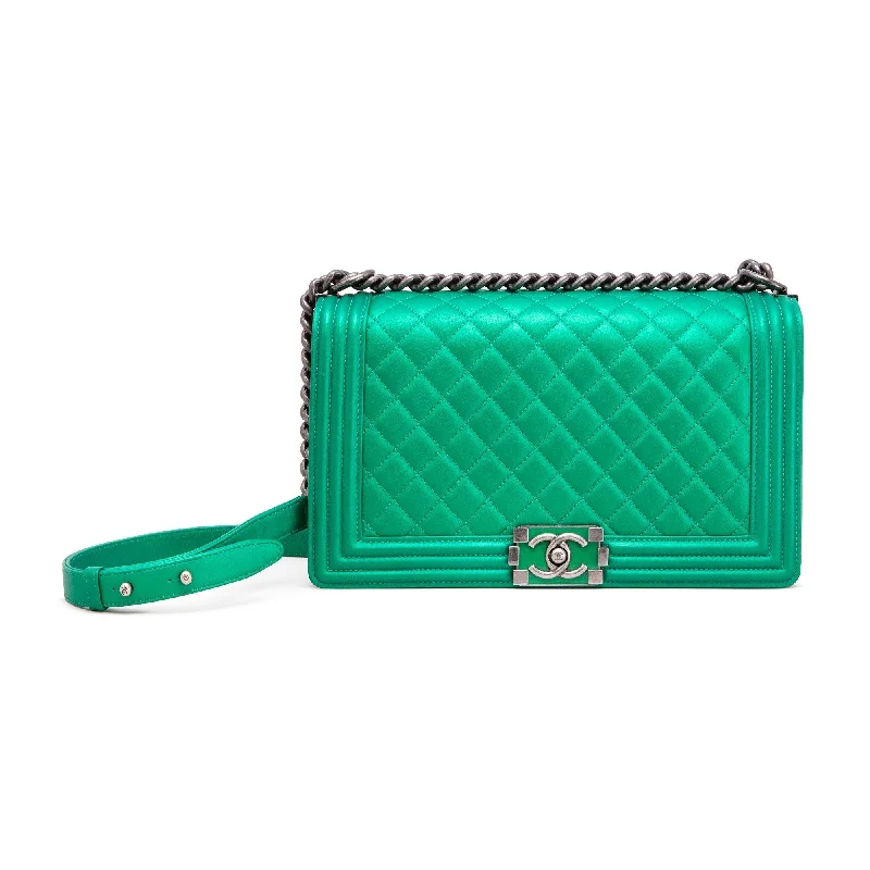 Chanel bags with exclusive seasonal designs and materialsCHANEL BOY RARE MEDIUM METALLIC CALFSKIN NEON BRIGHT GREEN  BAG