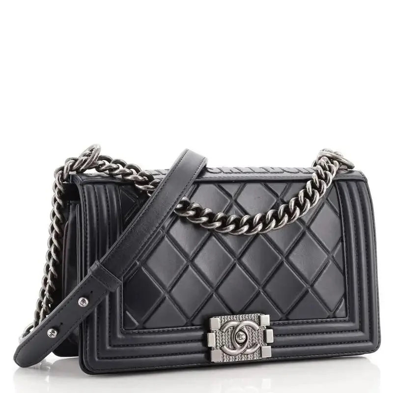 Chanel Quilted Leather Shoulder Bag for FashionistasCHANEL PARIS SALZBURG CALFSKIN EMBOSSED BOY FLAP BAG